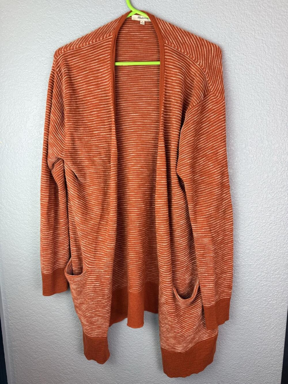 Madewell Cardigan Sweater Womens Small Orange Striped Open Front Pockets Knit